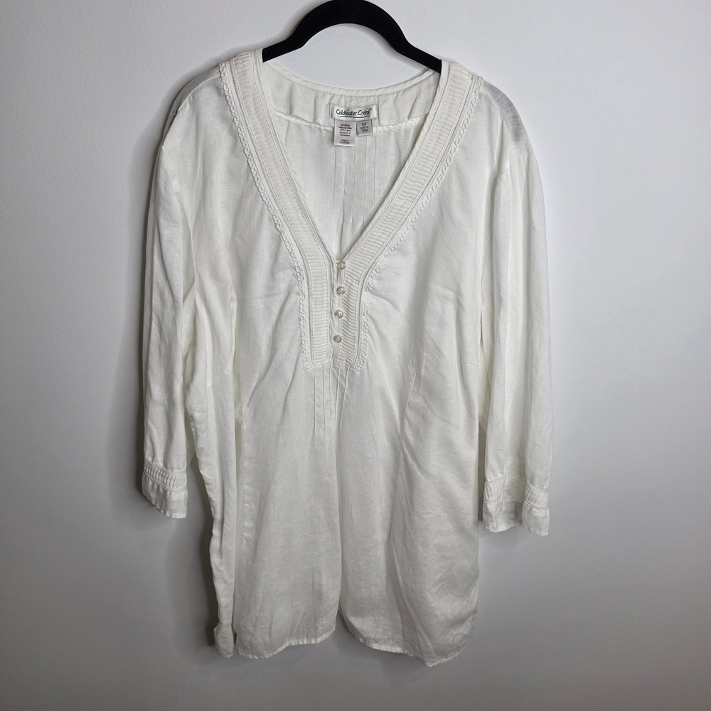 Coldwater Creek Tunic Blouse Womens 2X White 100% Linen Pintuck Lace Trim